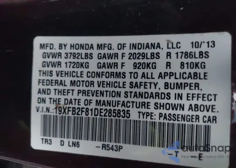 2013 Honda Civic Ex z USA, uszkodzony, nr VIN 19XFB2F81DE285835